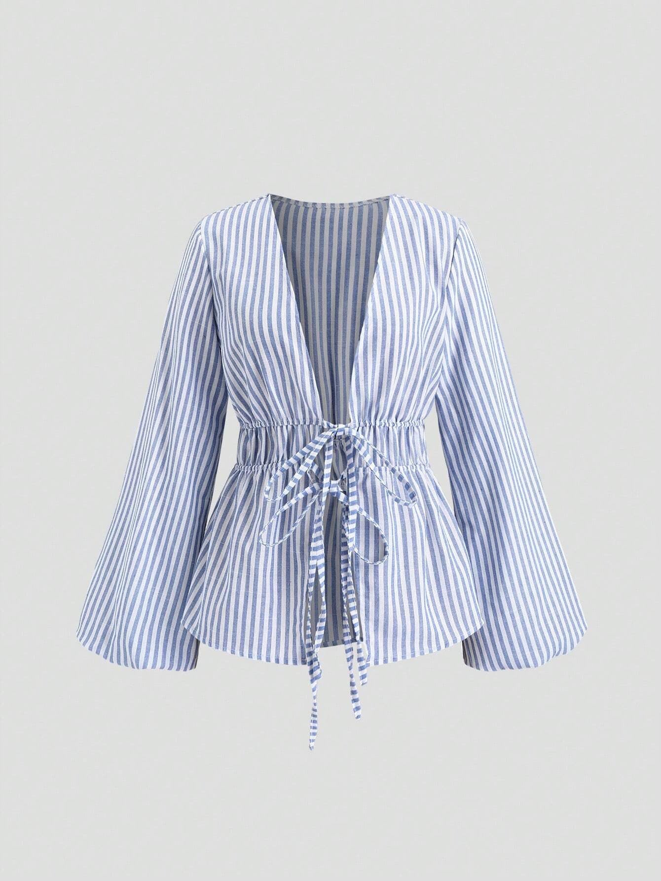 Women's Bow Lace-up Striped Top Casual Coat