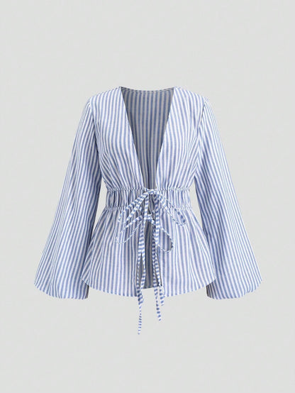 Women's Bow Lace-up Striped Top Casual Coat